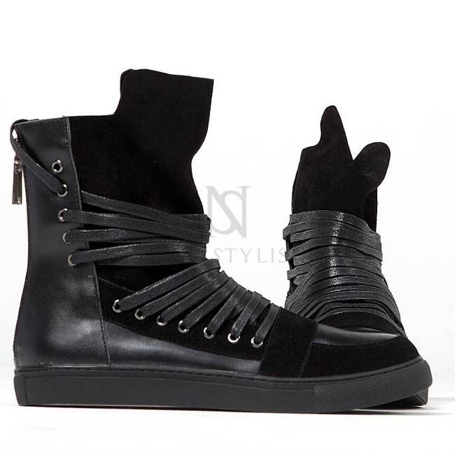 Overlaced hightongue zipper high-top black sneakers