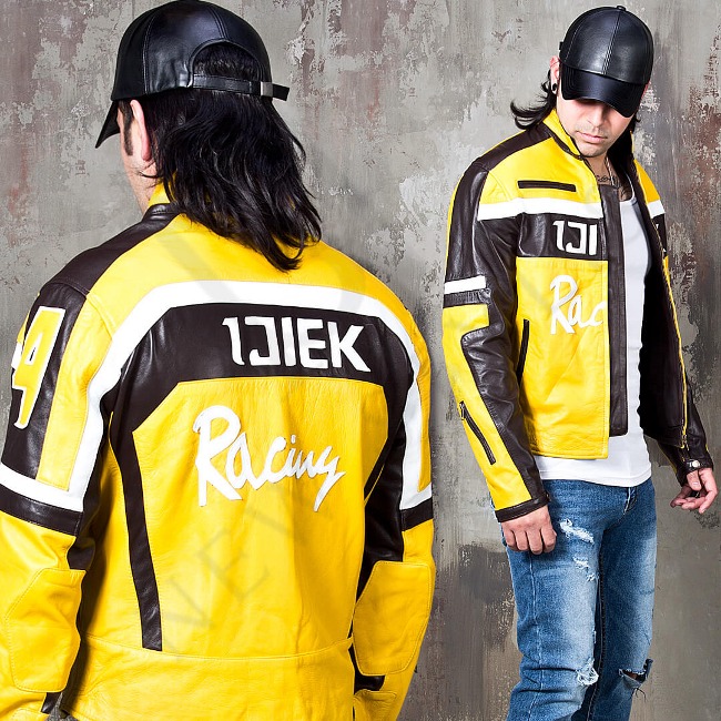 Brown &amp; yellow contrast racer motorcycle leather jacket