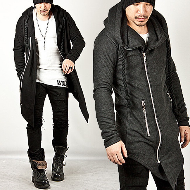 Striking Asymmetric Thick Rope Strap Accent Long Zip-up Hoodie