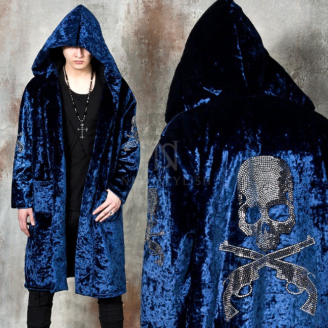 Premium beads skull blue velvet hooded long coat