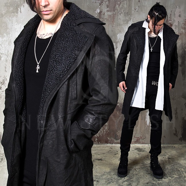Distressed leather slim shearling coat 