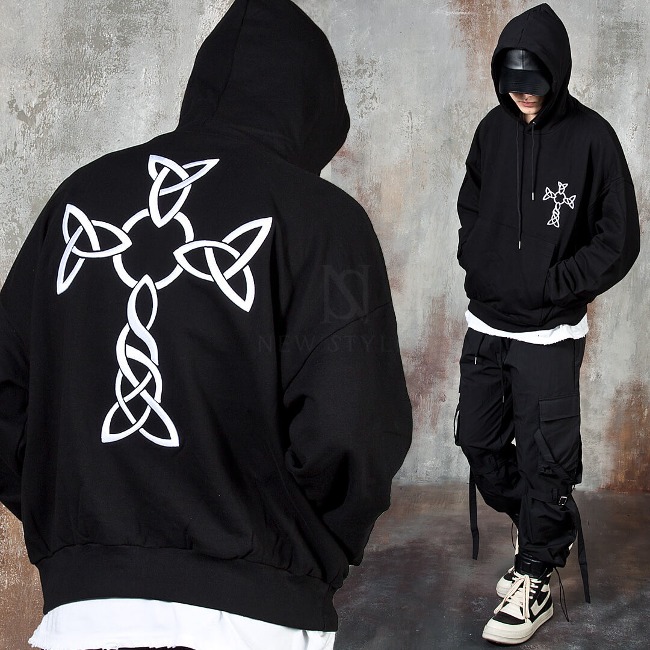 Embossed embroidery gothic cross boxy hoodie