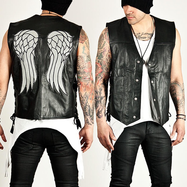 Angel wings embossed black leather vest