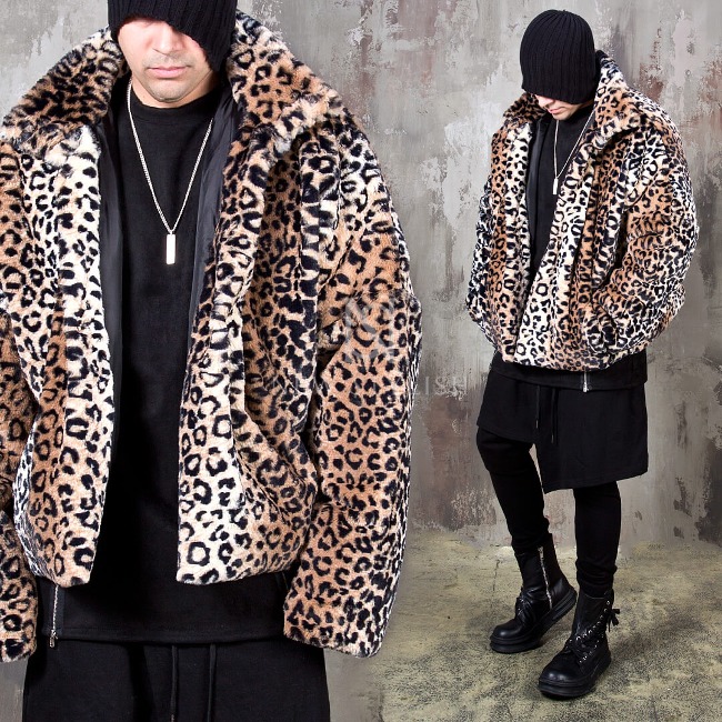 Leopard extra long sleeve oversized fur jacket