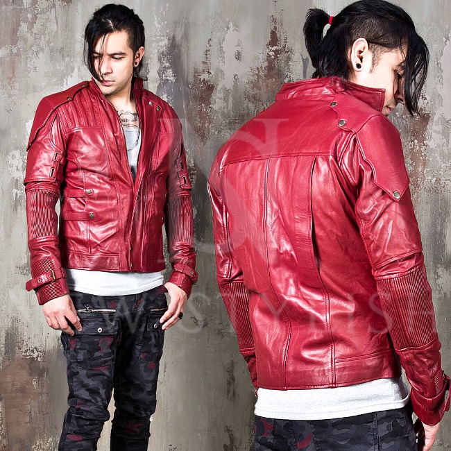 Futuristic multiple accent maroon red leather jacket 