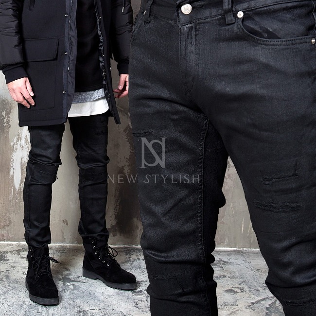 Multiple knife cut accent coated black skinny jeans