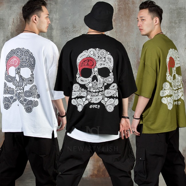 Red accent paisley skull t-shirts