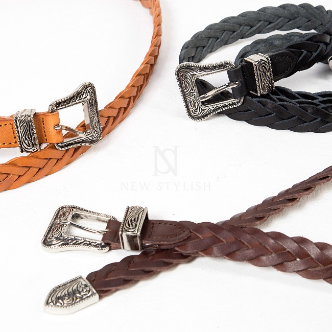 Braided leather western buckle belt