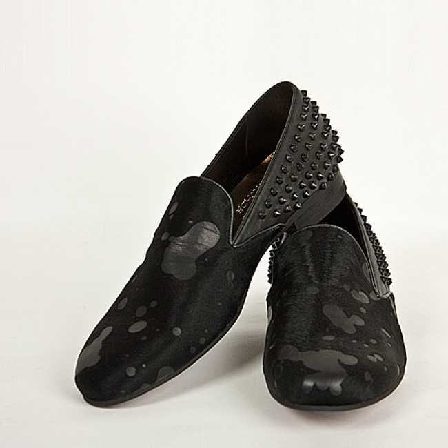 Hand-made Tough-chic Stud Calf Fur Brindle Accent Black Loafer
