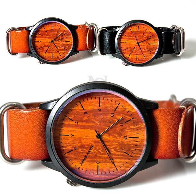 Wooden face thin dial round case quartz watch