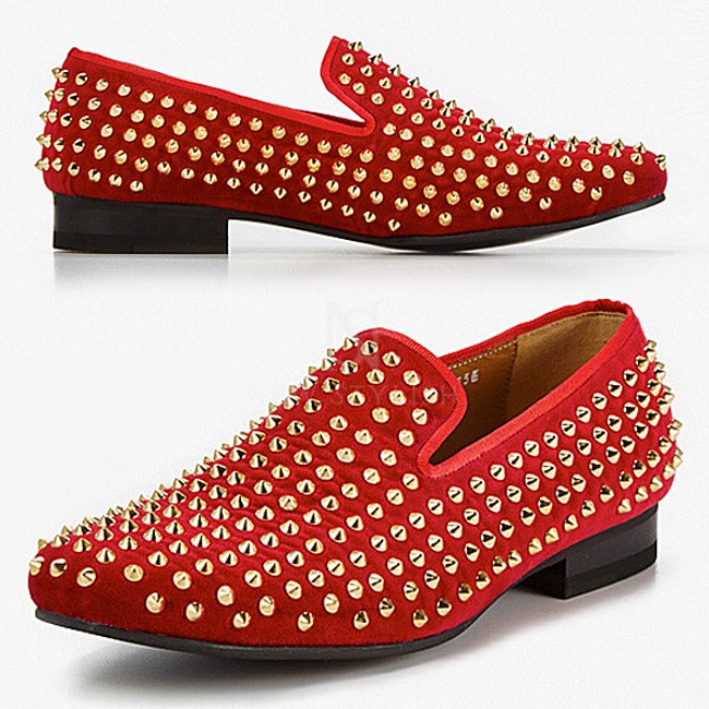 Hand-Made Red Velvet Stud Loafer Shoes