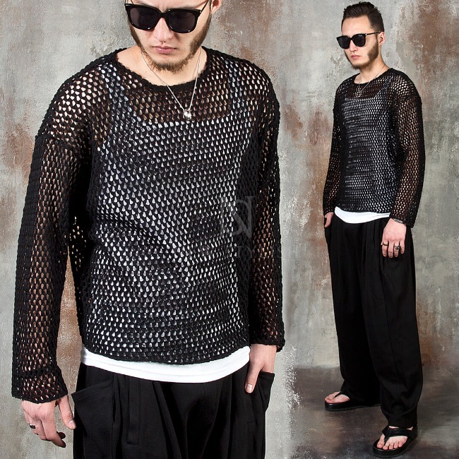 Round neck see-through mesh long sleeve t-shirts