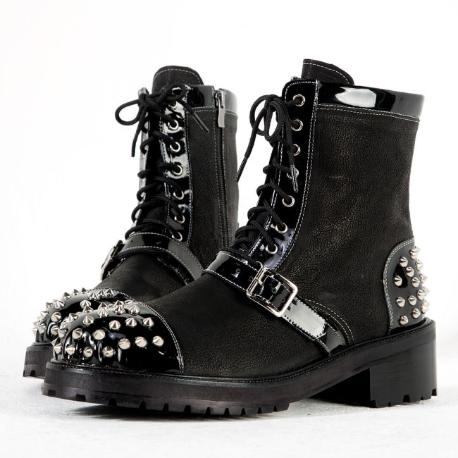 Studded &amp; belted all black matt leather boots