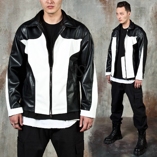 Contrast zip-up racer leather jacket