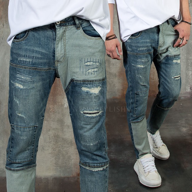 Contrast washed distressed slim jeans