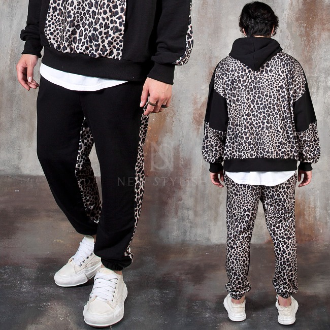 Leopard pattern contrast jogger pants