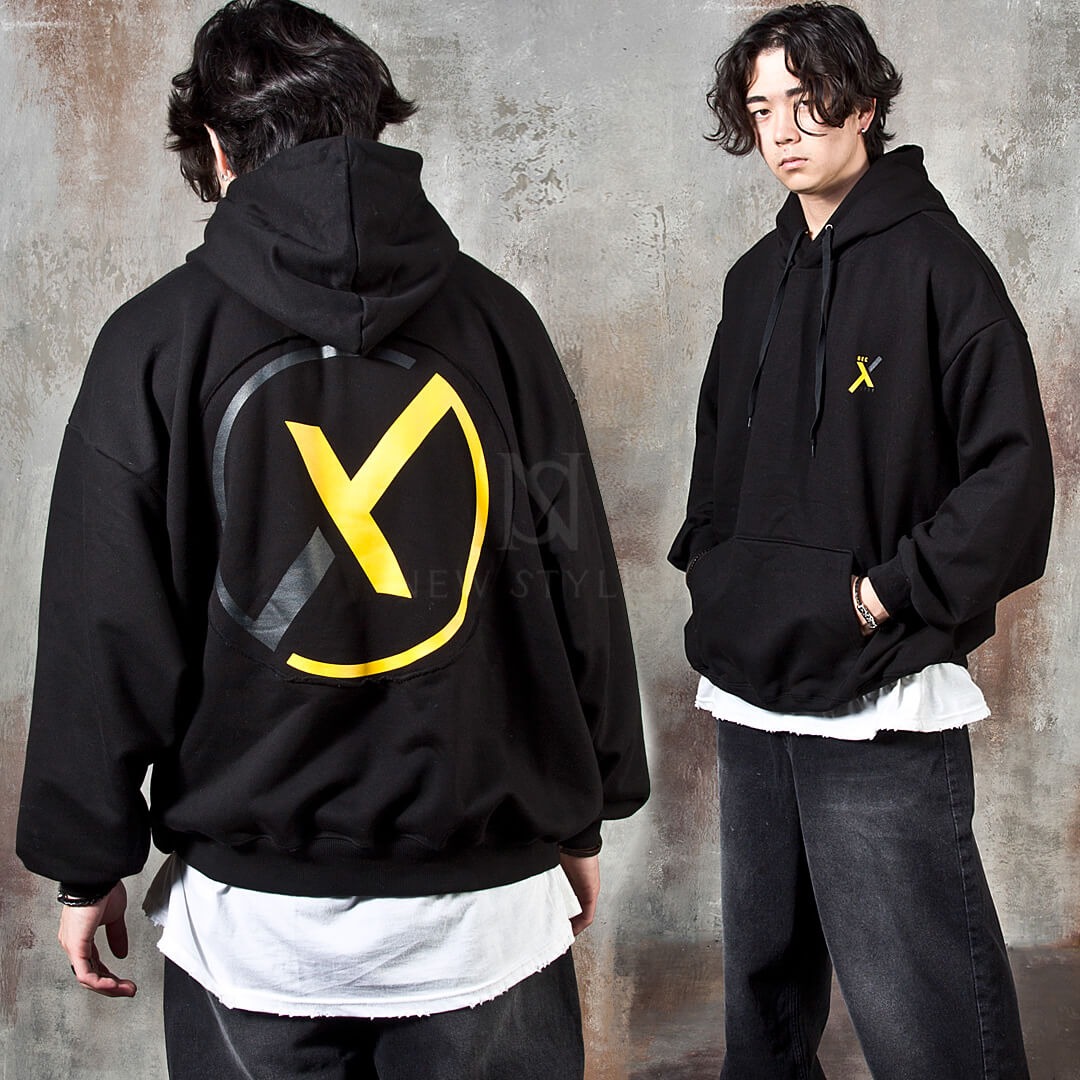 Contrast yellow X printed loose-fit hoodie