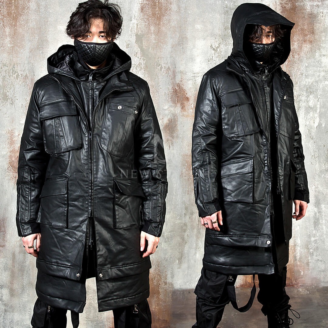 Multiple pocket double layered coated black hooded long coat