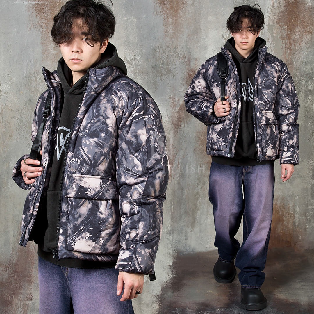 Contrast marble printed high neck padded parka