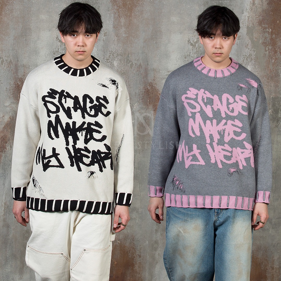 Contrast Graffiti Lettering Distressed Knit Sweater - 155