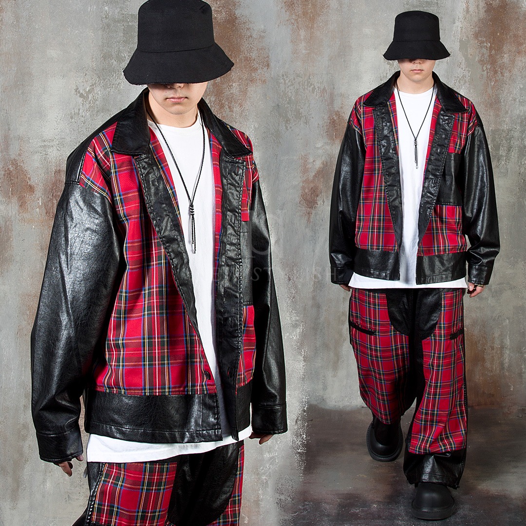 Contrast red checkered oversized fit leather shirts
