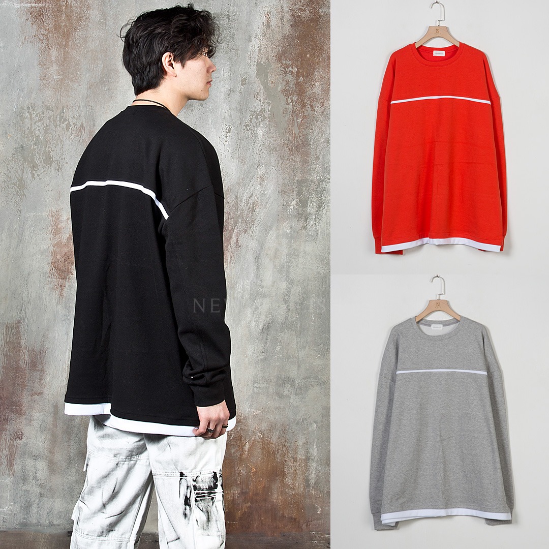 Contrast Line Accent Fake Layered Long Sleeve T-Shirts