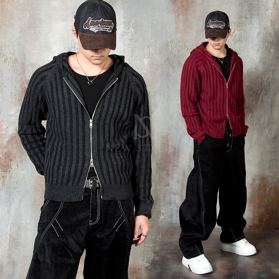 Vintage Stripe Knit Zip-Up Hoodie – Vertical Rib Knit Hooded