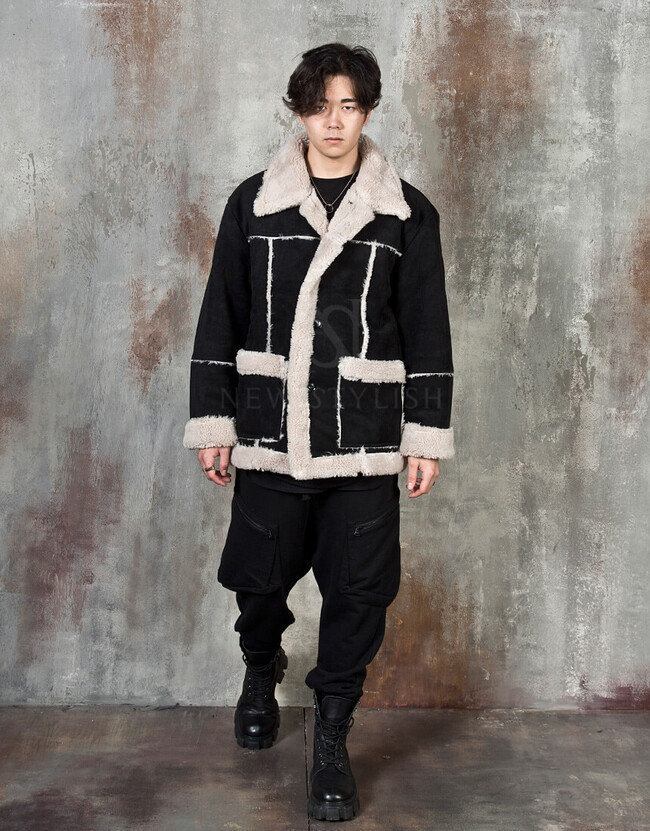 Fur-lined exposed seam leather jacket
