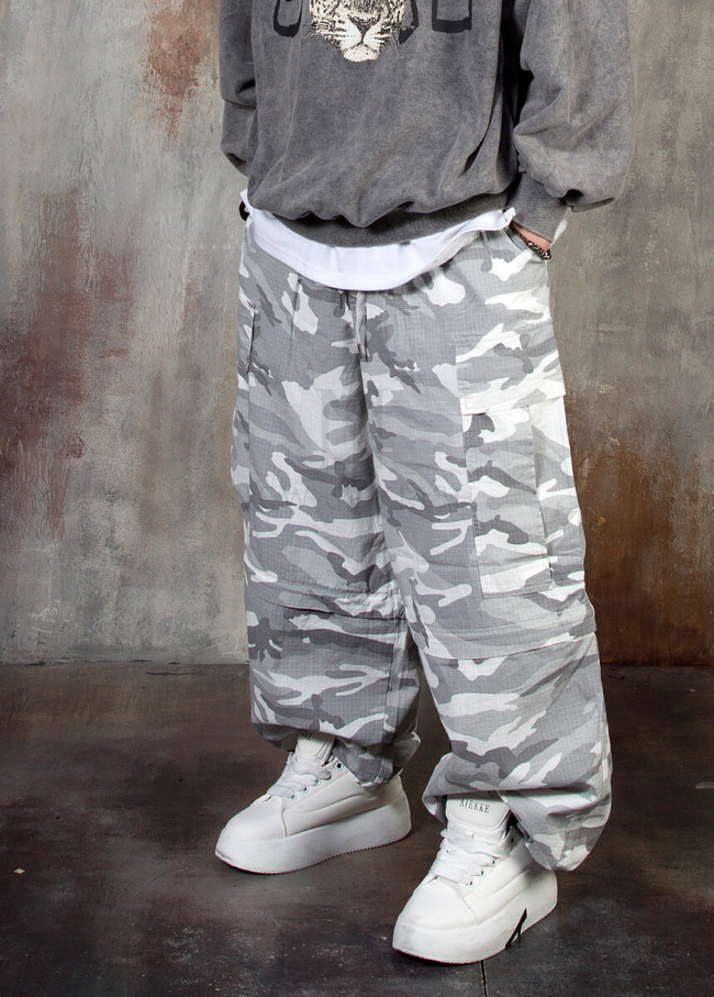 Two Way Convertible Camo Wide Leg Cargo Pants – Zip Off Ripstop 