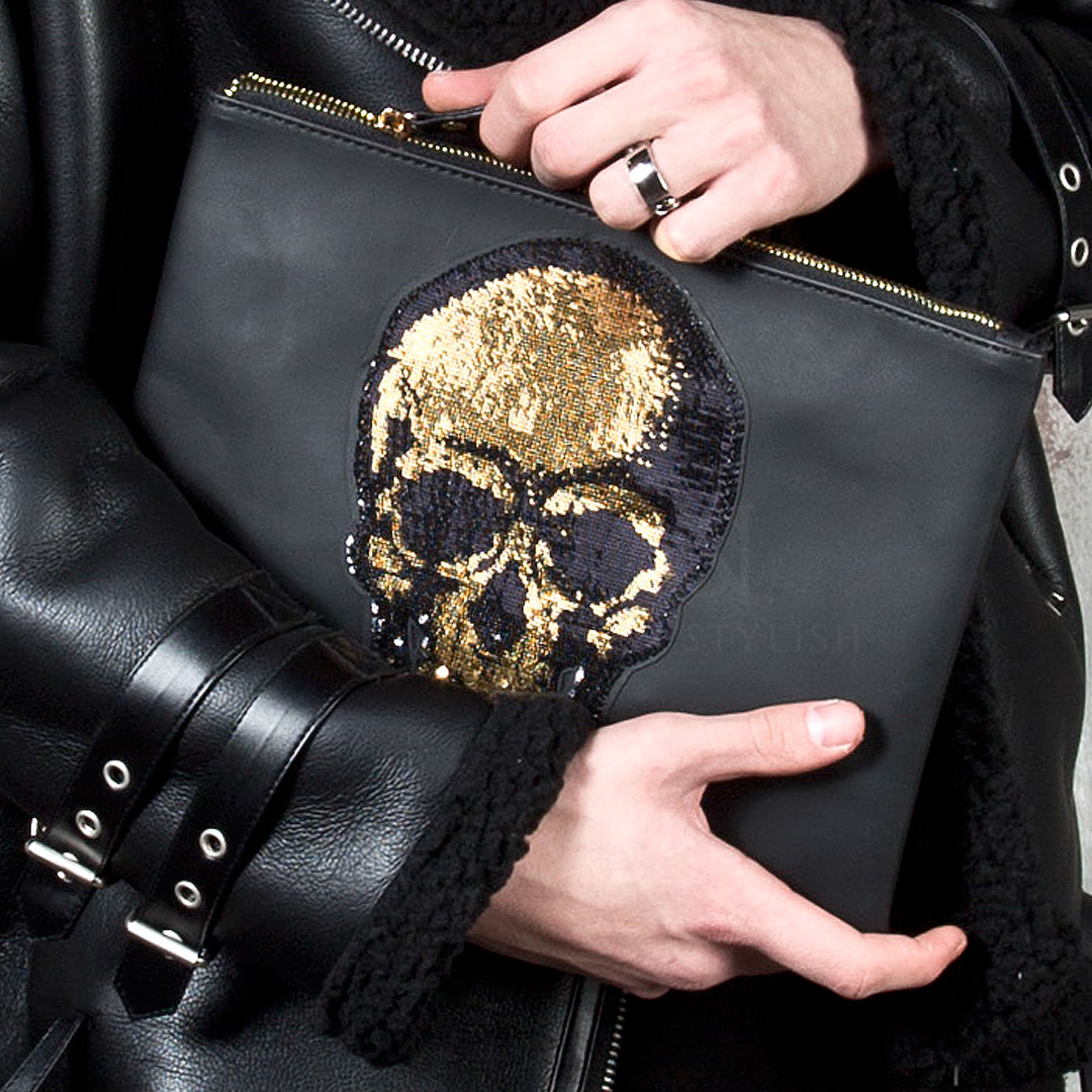 Gold spangle skull clutch bag