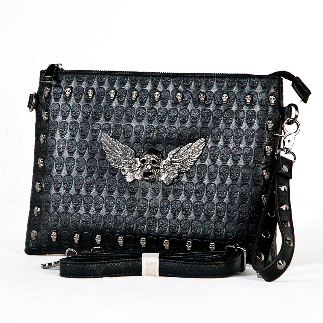 Skull wing studded leather clutch bag