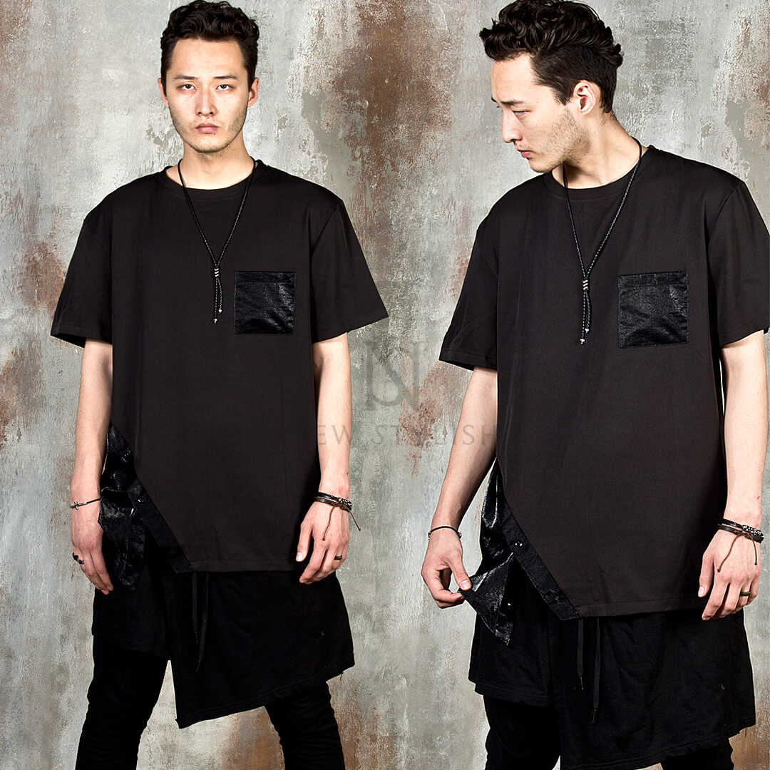 Avant-garde contrast diagonal button and pocket t-shirts