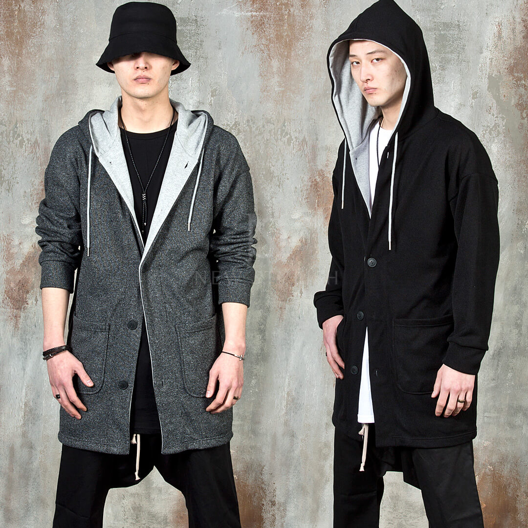 Contrast lining button-up hooded cardigan