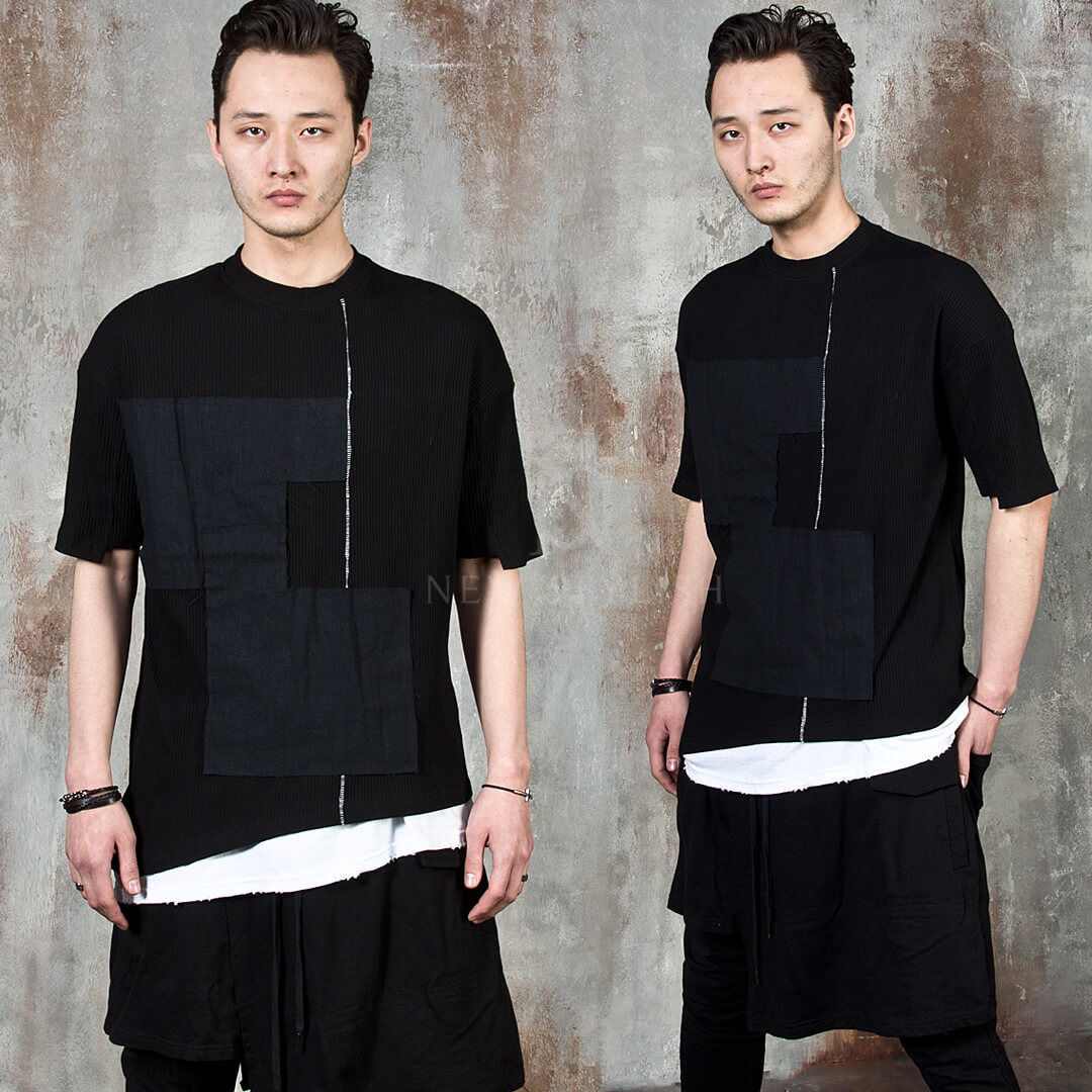Asymmetric patchwork seam contrast ribbed t-shirts