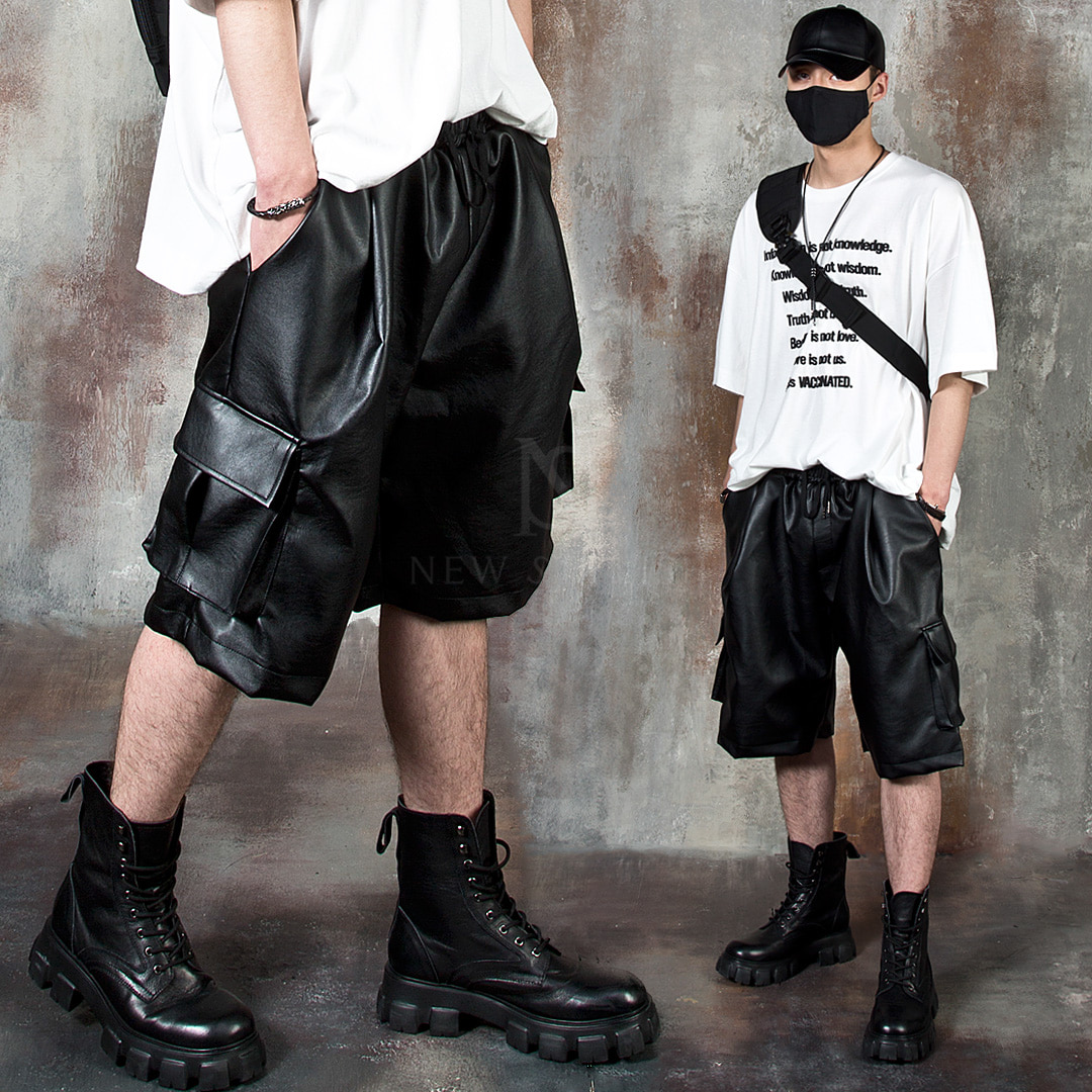 Leather baggy cargo shorts