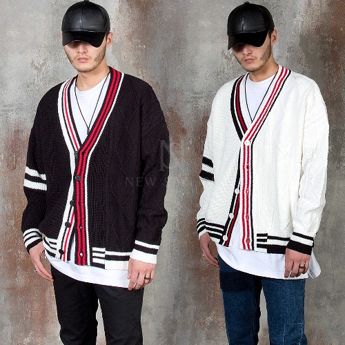 Unbalanced contrast stripe line knit cardigan