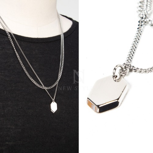 Hexagon metal charm double chain necklace
