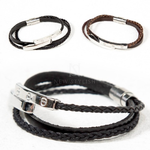 Metal bar braided leather bracelet
