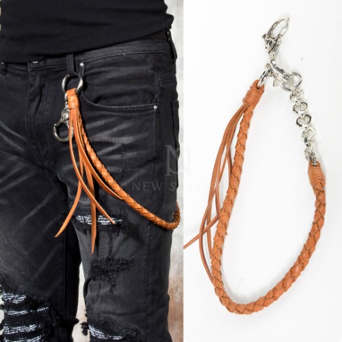 Braided brown leather pants chain