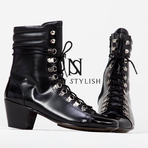 Black gloss tip lace-up leather high-heel boots
