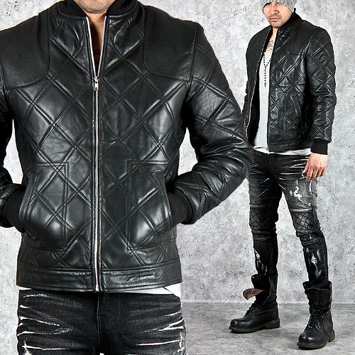Fully quilted banded hem leather jacket