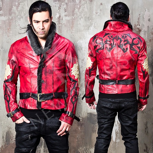 Oriental vibe fur collar distressed red leather jacket