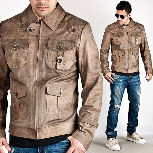 Distressed brown four pocket leather jacket
