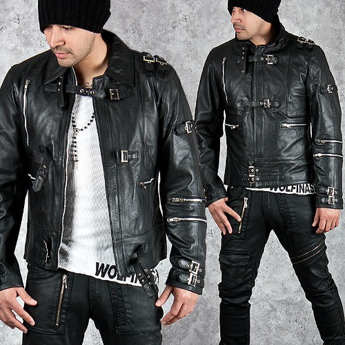 Multiple belt accent black slim leather biker jacket