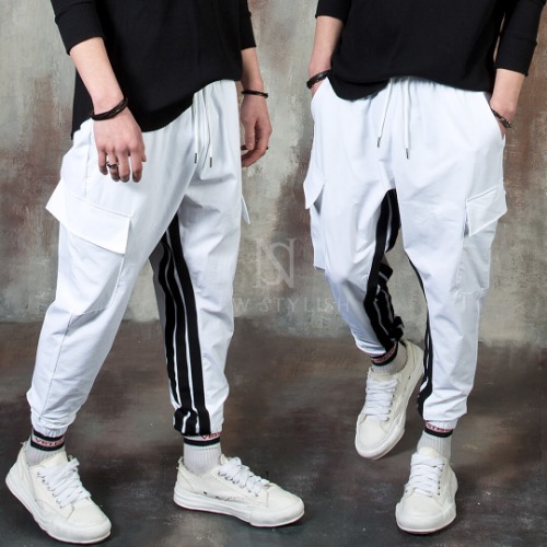 Triple line contrast white cargo jogger pants