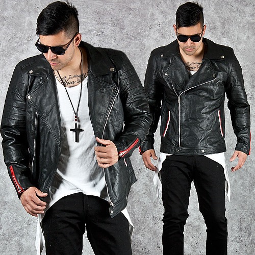 Red cuff zipper accent black leather biker jacket