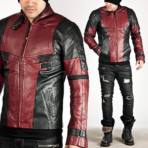Black and red contrast futuristic slim leather jacket