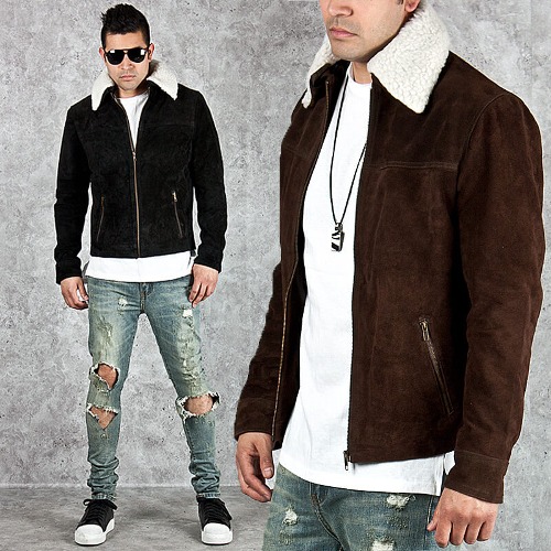 Detachable fleece accent zip-up suede leather jacket