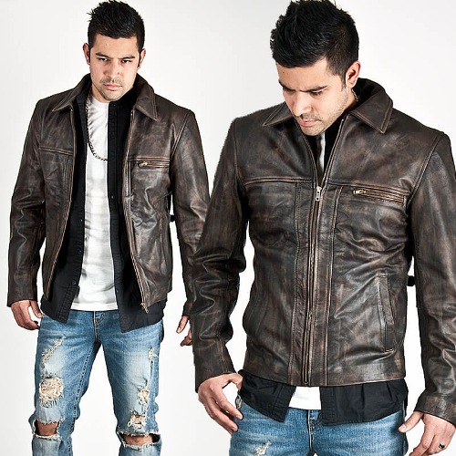 Incision accent brown zip-up cow leather jacket