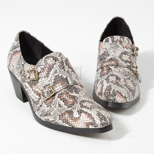 Gray snake patterned leather monk strap high heel shoes